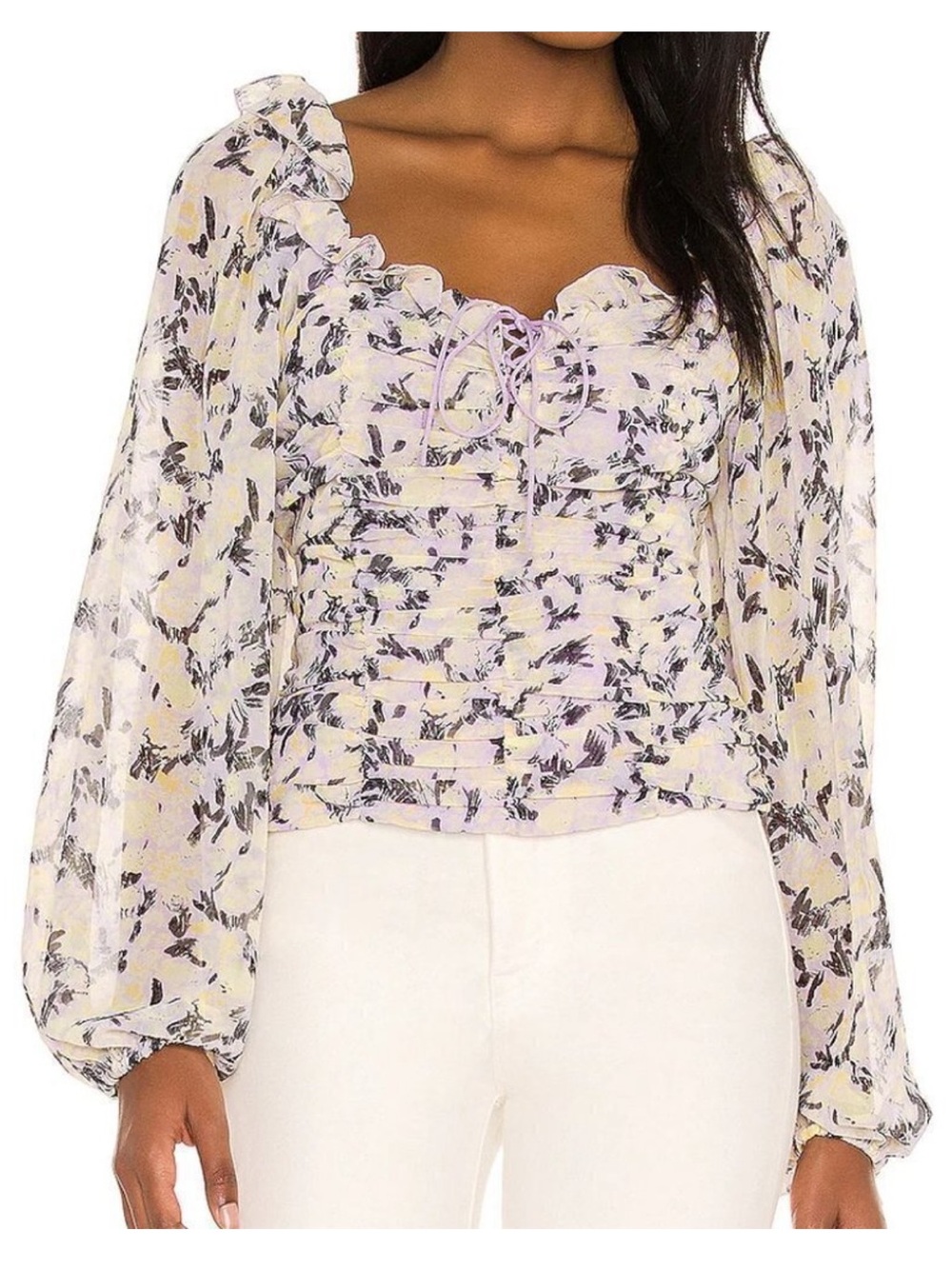 Free People Lilac Floral Ruched Tie-Front Blouse Size S